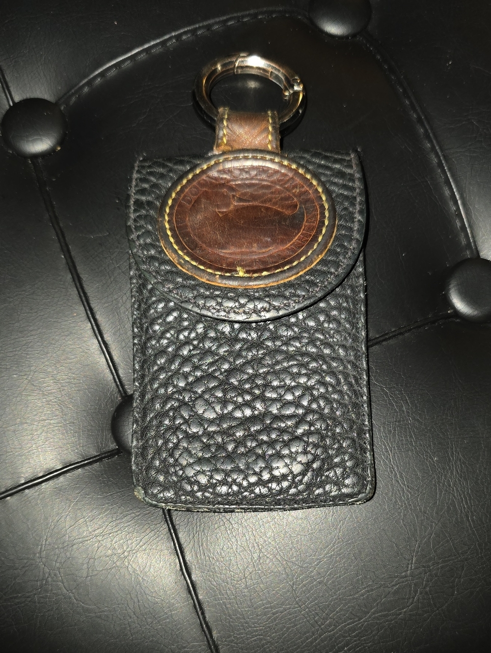 Dooney & Bourke Black Pebbled Leather Key & Card Holder with Brown Accent